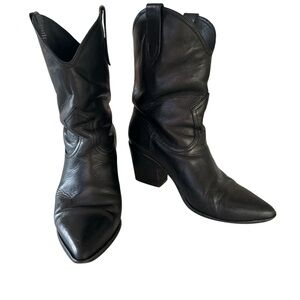 Dante Black Leather Wide Calf Slouch Heeled‎ Boots Size 9